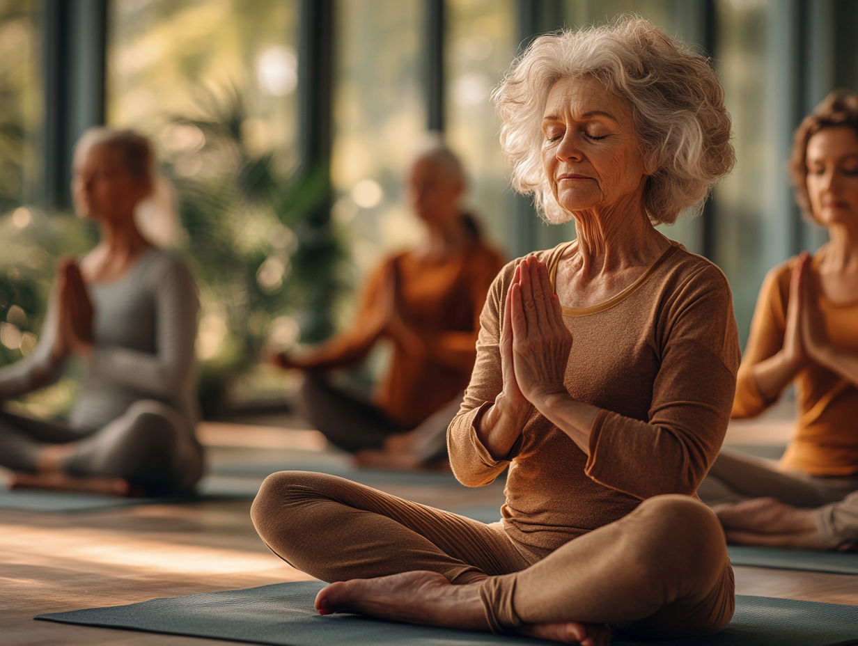 Ранкова йога в парку з групою людей зрілого віку